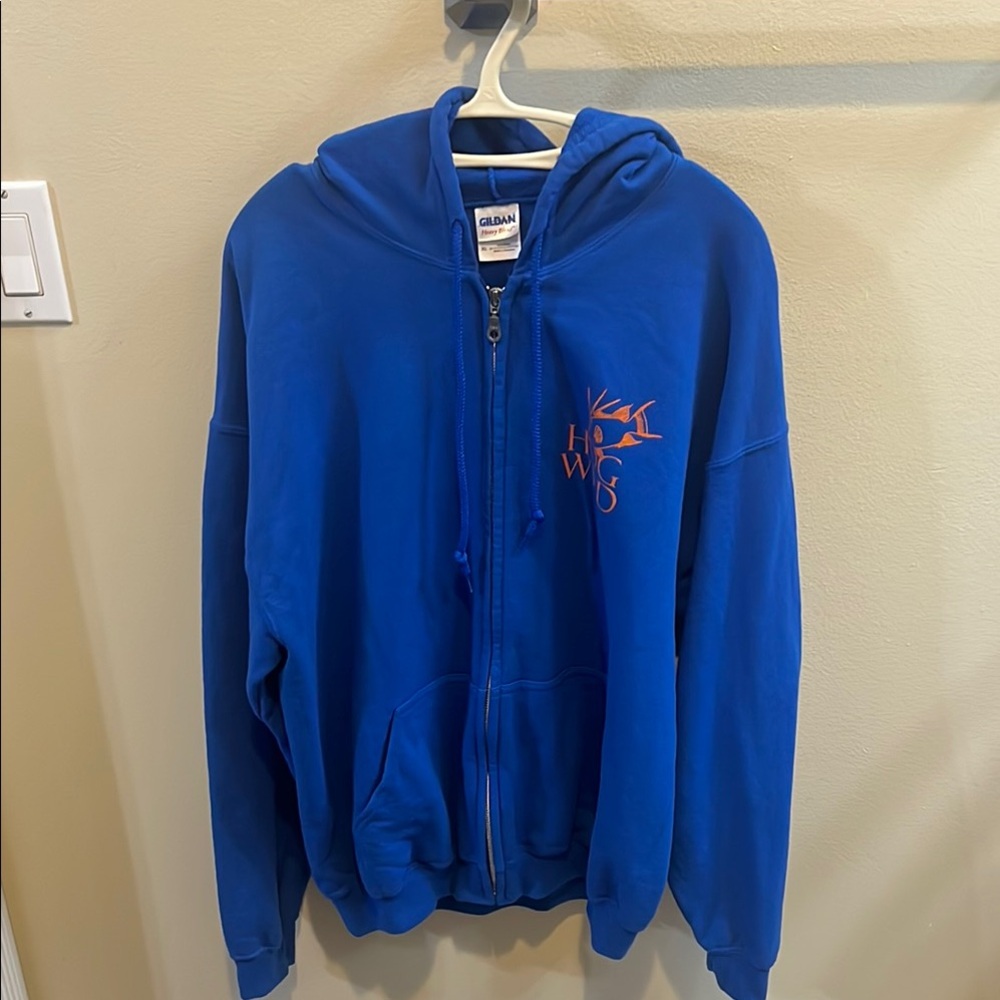 Hog Wild Blue Gildan Hoodie with Orange Fish Graphic